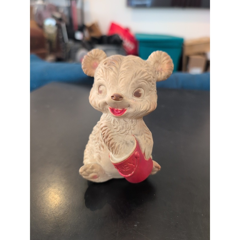 Vintage 1960 Hard Rubber Squeaky Toy Bear With Honey Jar Edward Mobley Co
